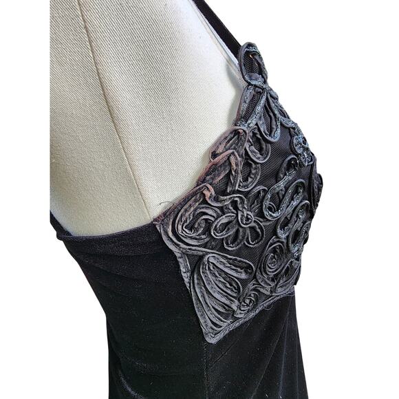 Vtg 90s Pia Black Velvet Formal Long Side Slit Vampy Whimsi Goth Applique Dress - Picture 6 of 8